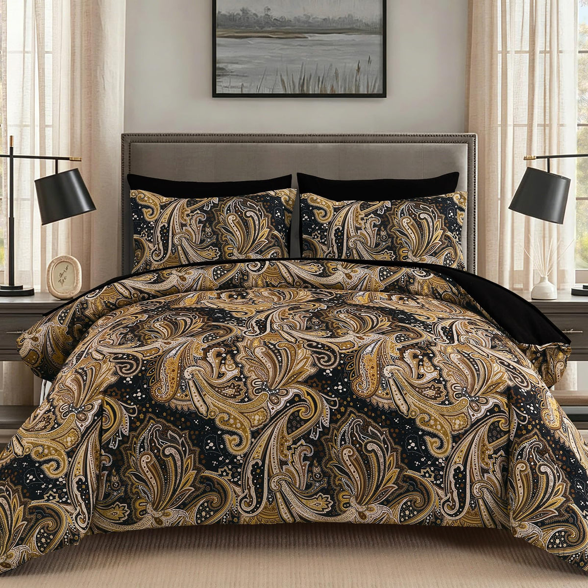 Black Gold Paisley Comforter Set King Size 7 Piece Bed in a Bag