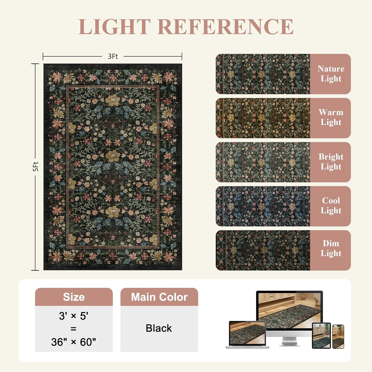Rug, Washable Vintage Floral Bedroom Area Rug Non Slip, Black