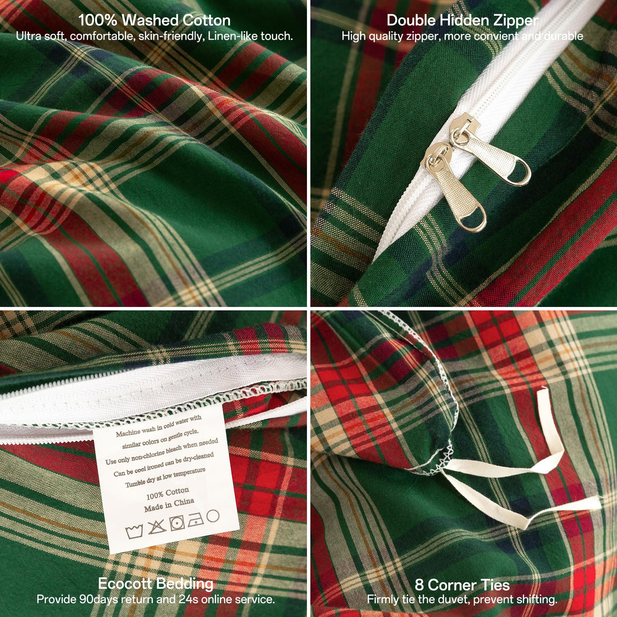 Cotton 3 Pcs Duvet Cover Set Linen Feel Buffalo Plaid King