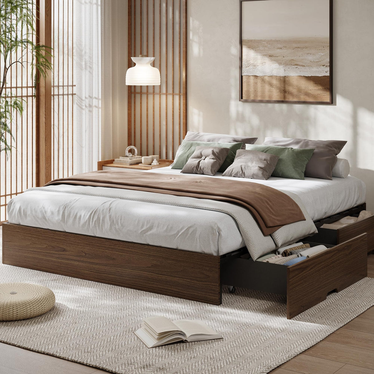 Wood Platform Bed Frame, Queen Bed Frame with 2 Drawers