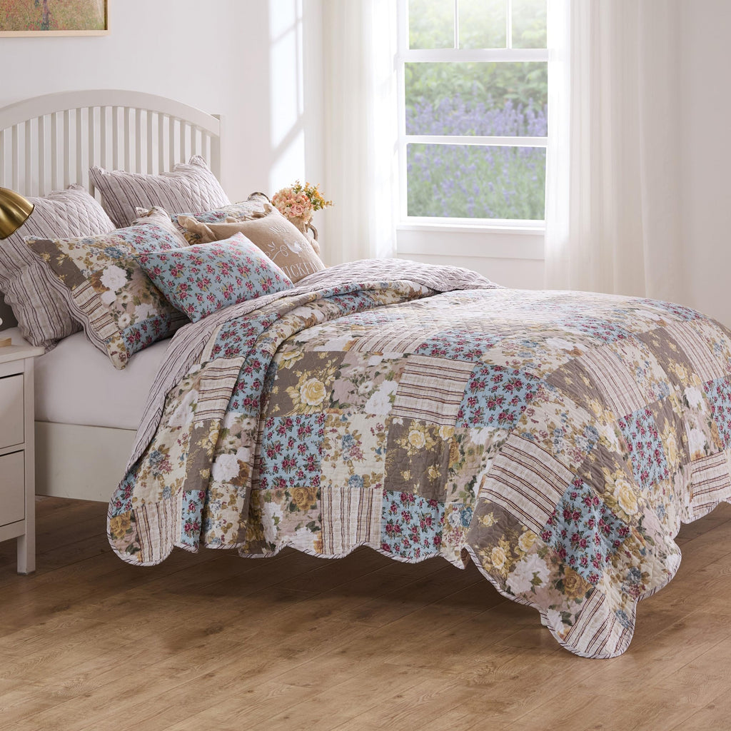 French Country Traditional Patchwork Style Cotton-Rich Quilt Set, 3-Piece, Multi