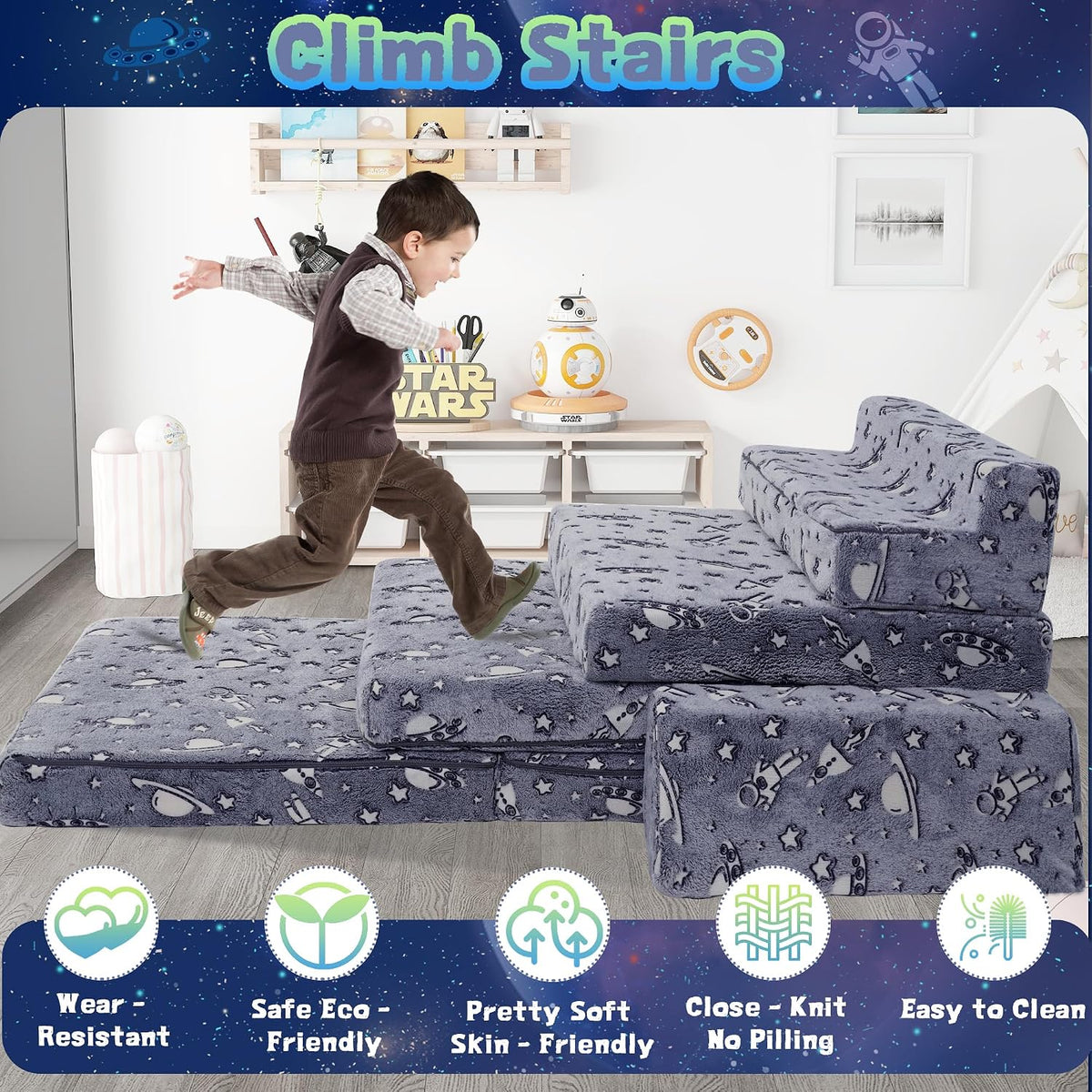 Kids Play Couch, Modular Toddler Glow Sofa for Playroom Bedroom,Imaginative Convertible Play Couch for Boys