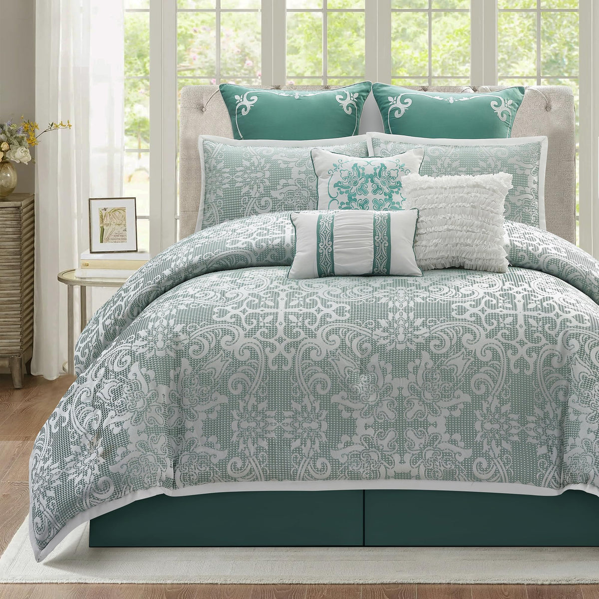 9 Piece Comforter Set, Sage Jacquard Damask, Bed in a Bag, All Seasons Bedding with Shams, Euro Shams, Bed Skirt