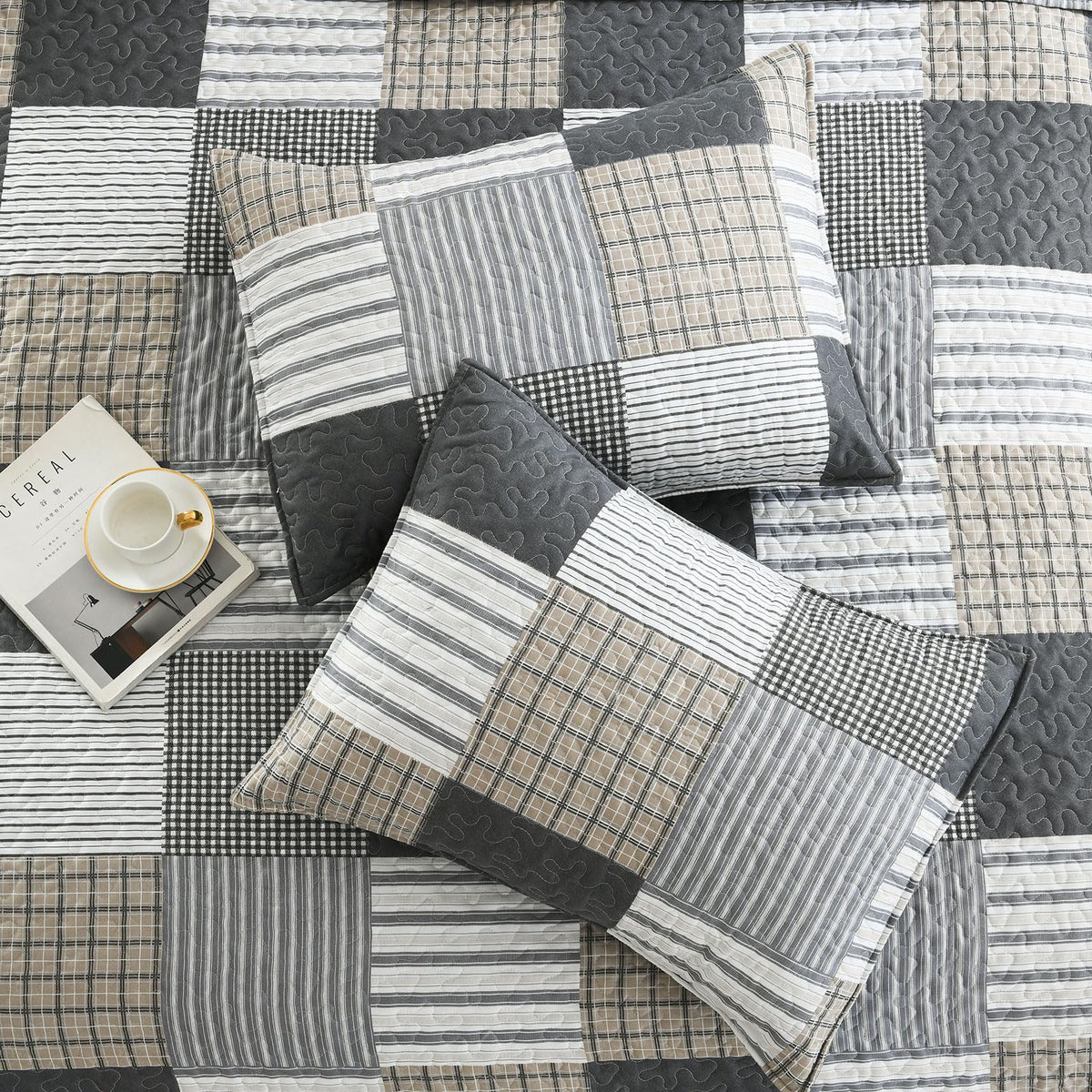 3-Piece Quilt Set, Lightweight Soft Quilt Gray Patchwork Farmhouse Bedspread Coverlet 90x90 inches