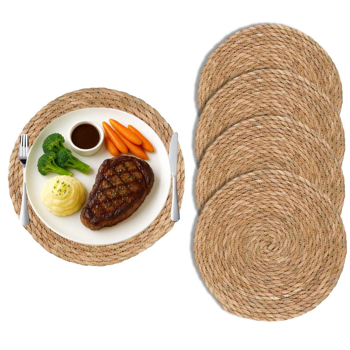 13 in Round Woven Placemats Plate Chargers Set of 4, Boho Farmhouse Rustic Woven Place Mats for Dining Table Decor