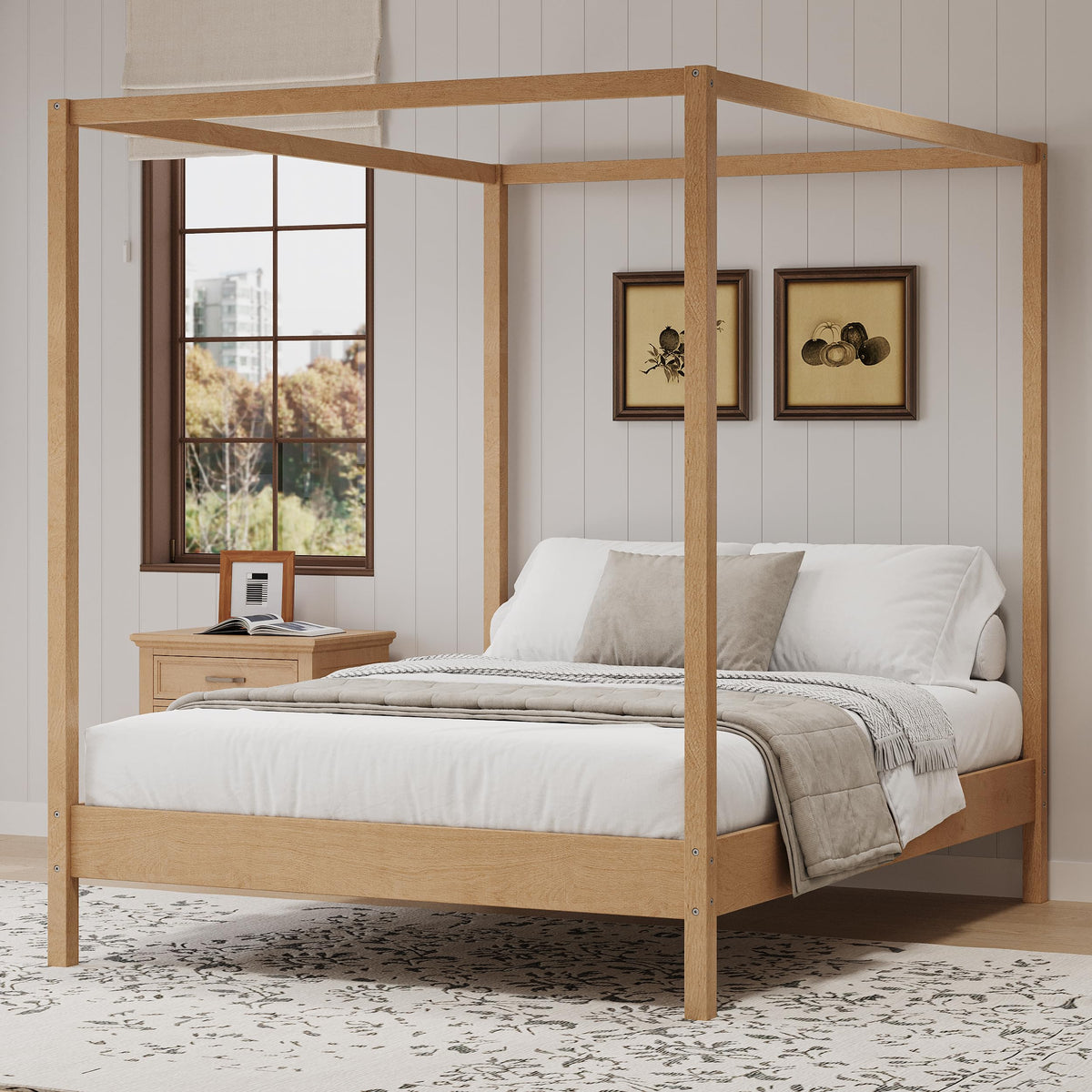 Wooden Canopy Bed with Four Posters, Canopy Bed Frame & 8.3" Storage Space Under Bed, Solid Wood Slats