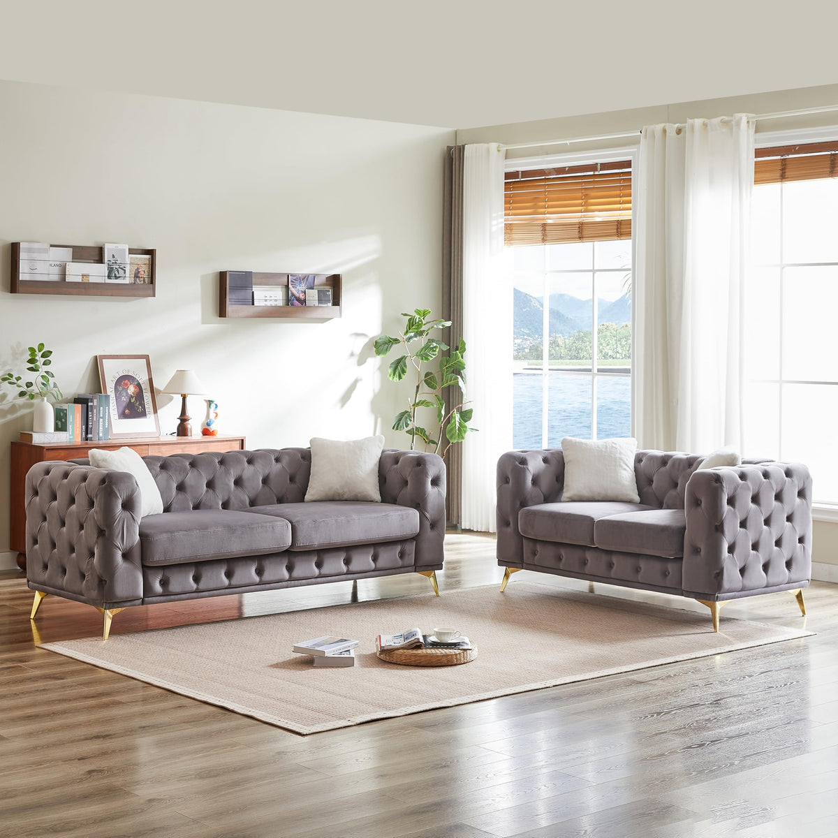 2-Piece Luxury Chesterfield Sofa Set with 1 Velvet 3-Seater Sofa & 1 Loveseat Sofa, Mid-Century 5-Seater Tufted