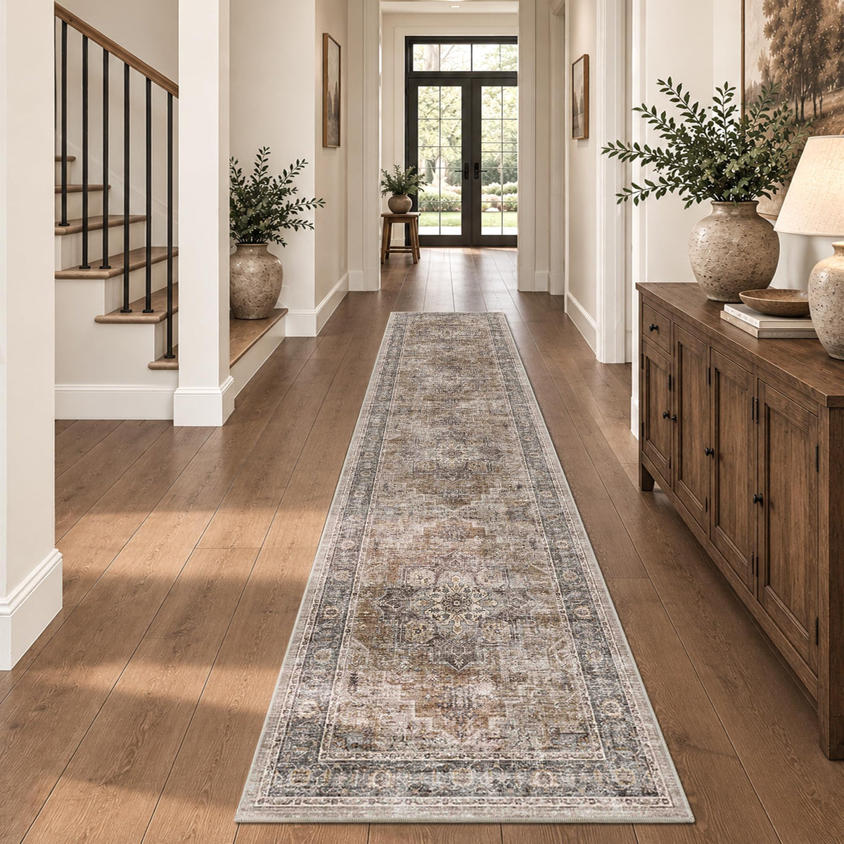 2x10 Vintage Runner Rug Low Pile Non-Slip Washable Hallway Rug