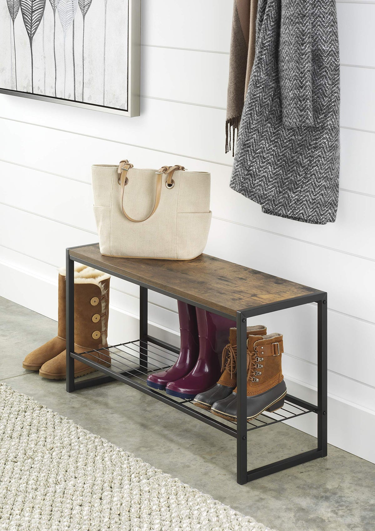 Entryway Bench, 35.5 Inch Modern Industrial Shoe Bench with Storage Shelf, Wood and Metal Shoe Rack Bench Seat