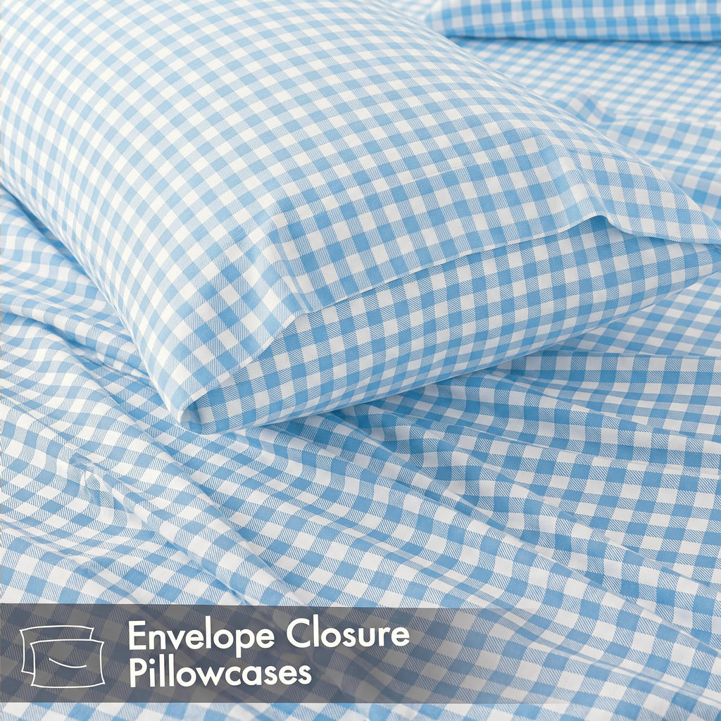 Light Blue Plaid Sheets 4-Piece Set Soft Brushed Microfiber Gingham Bed Sheets 16" Deep Pocket Coastal