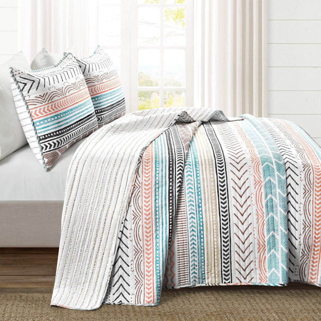 Hygge Geo Cotton Reversible Quilt, 3 Piece Set, Full/Queen, Neutral/Multi - Geometric Striped Bedding - Queen Size