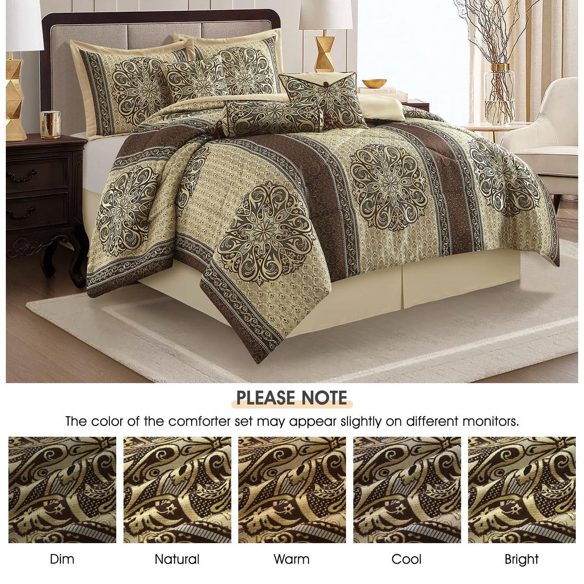 Queen Comforter Set, Brown Medallion Jacquard Design, Luxurious Bohemian 7 Pieces Bedding Set with Decorative Pillows