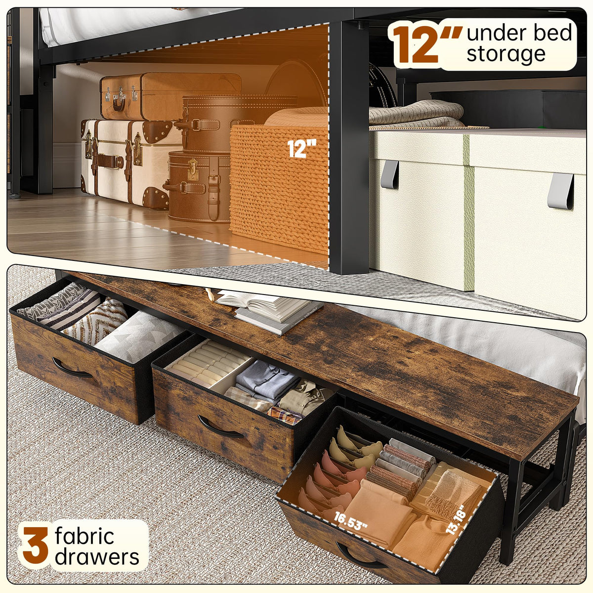 Bed Frame with Ottoman & Charging Station, Rustic Brown