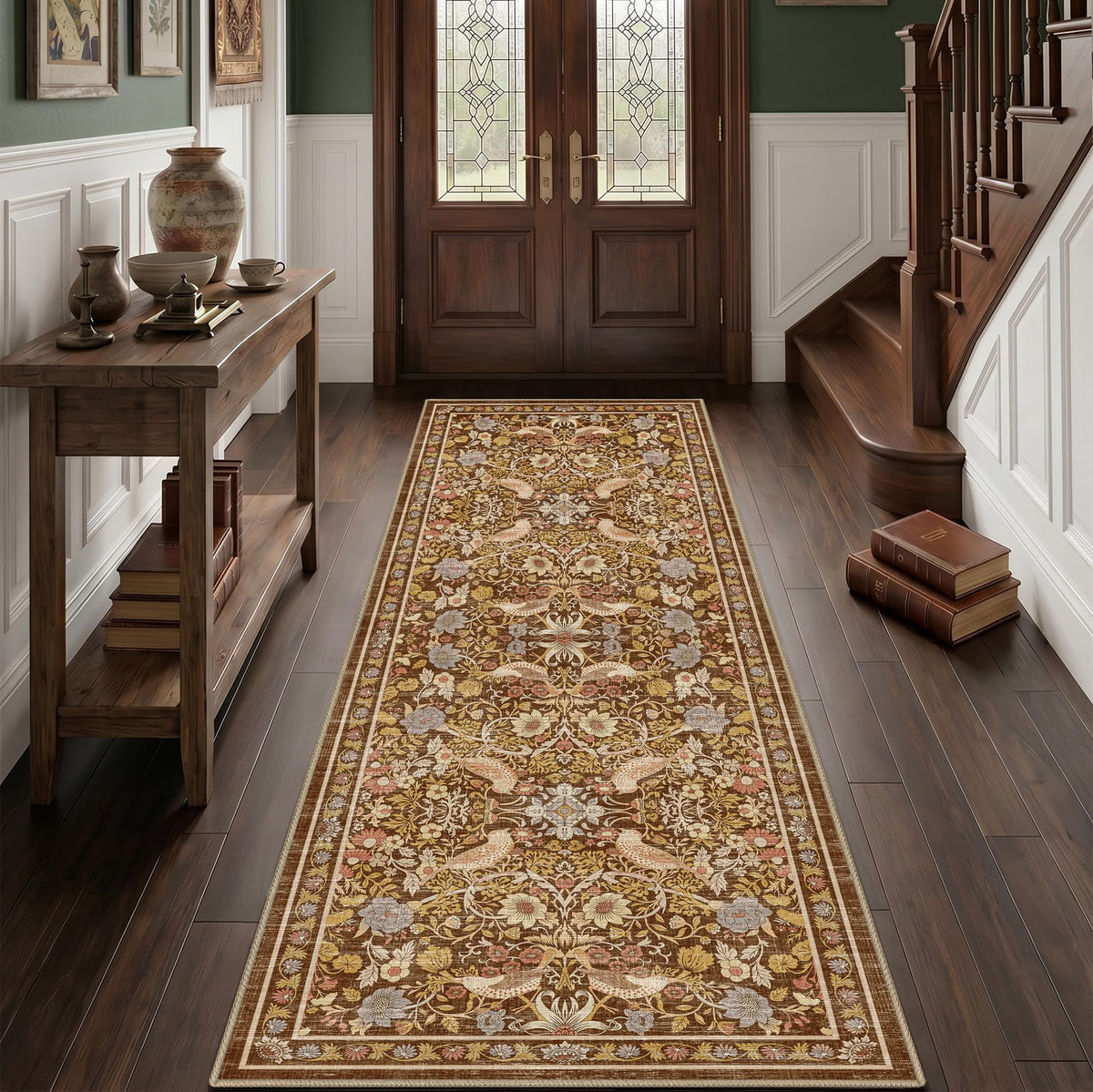 2x6 Washable Runner Rug, Vintage Botanical Bird Floral Hallway Runner, Non Slip Stain Resistant Low Pile Soft Kitchen