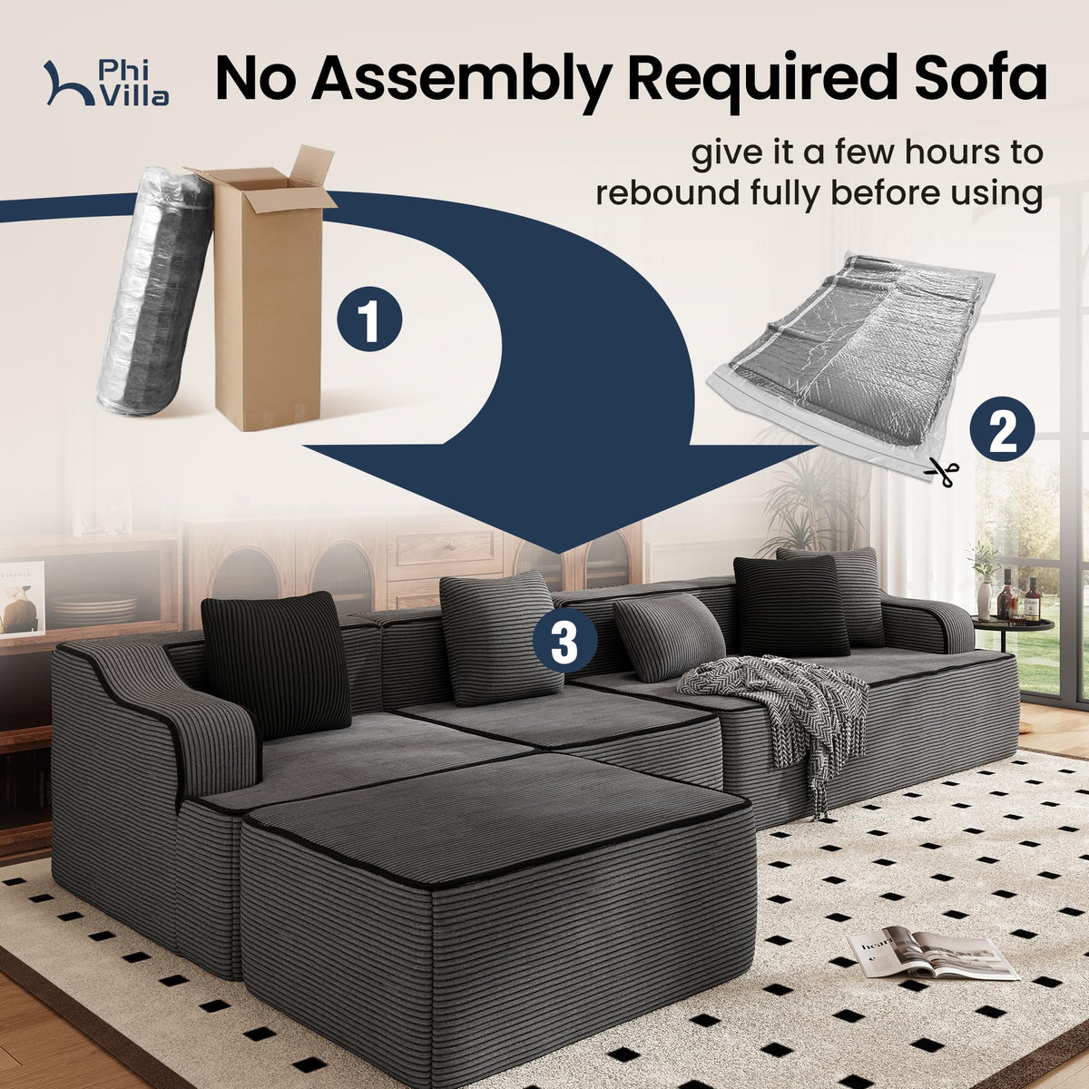 163" Cloud Sectional Boneless Couch, 7-Seat Grey