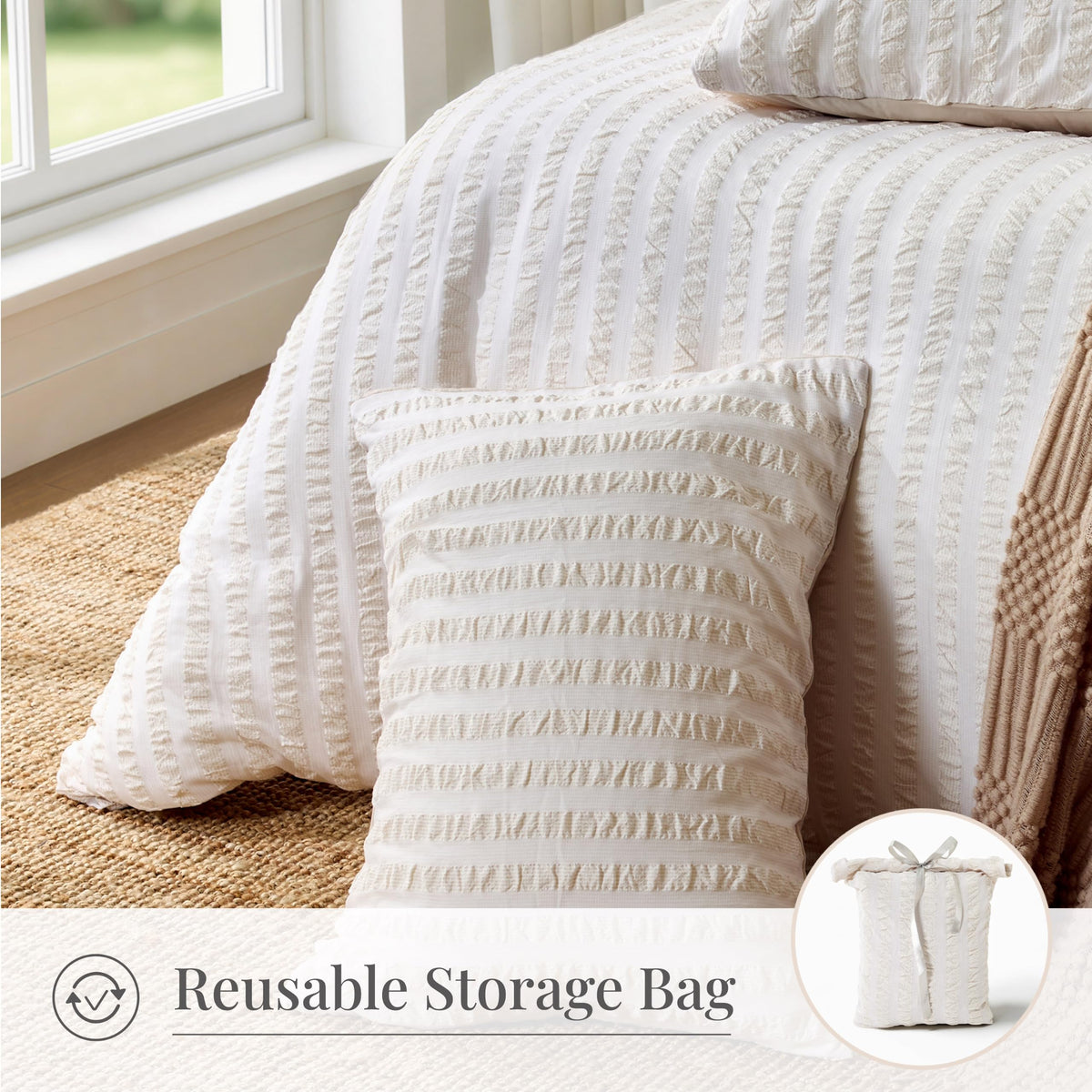 Seersucker Duvet Cover 3 Pieces Cream Gray