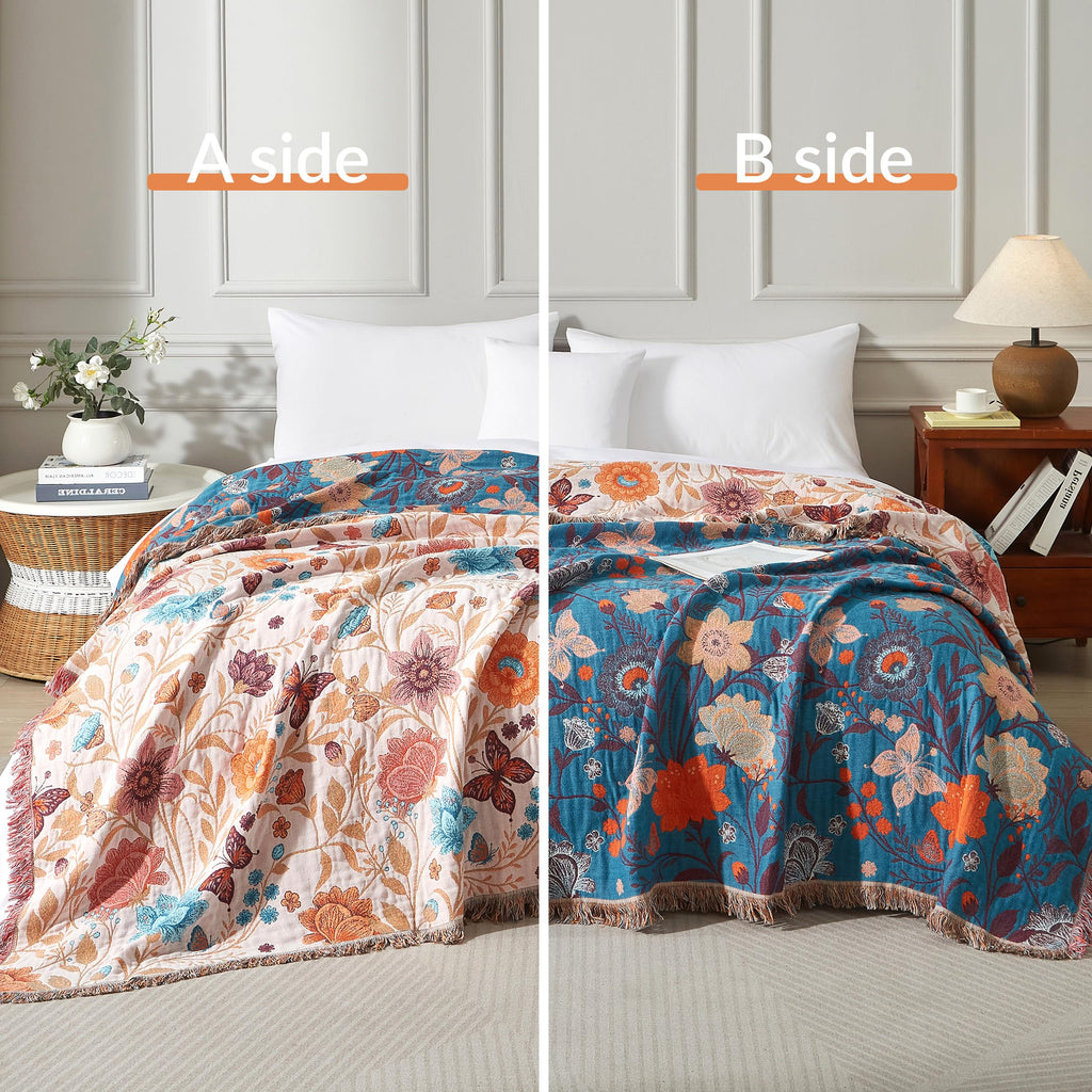 Boho Throw Blanket for Bed 90"x98", 100% Cotton Blanket for Couch Sofa