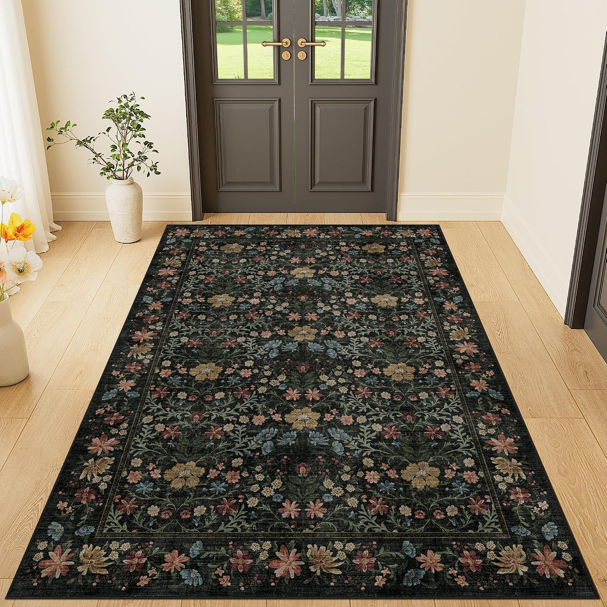 Rug, Washable Vintage Floral Bedroom Area Rug Non Slip, Black