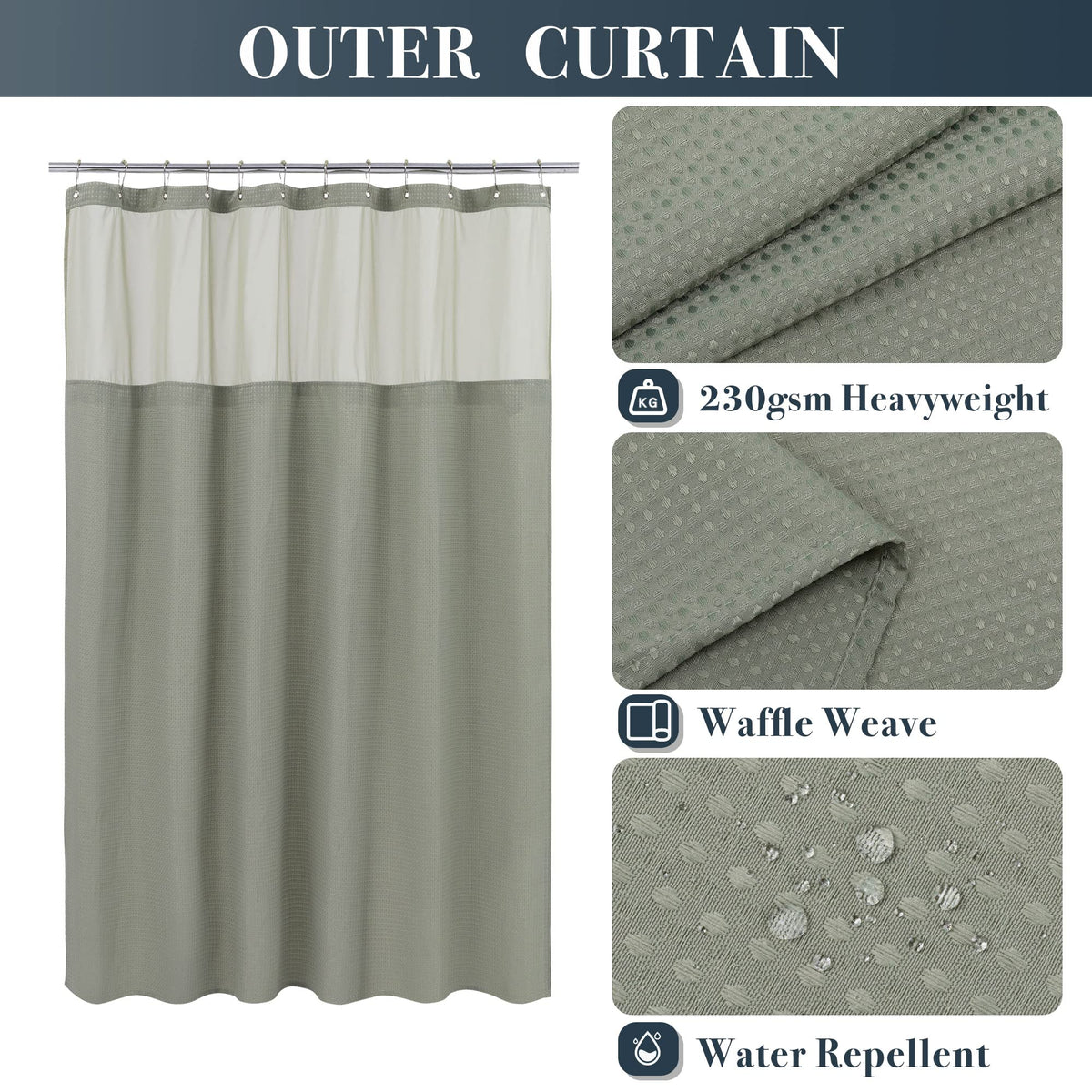 Extra Long Waffle Shower Curtain with Snap-in Liner Sage, 71x84