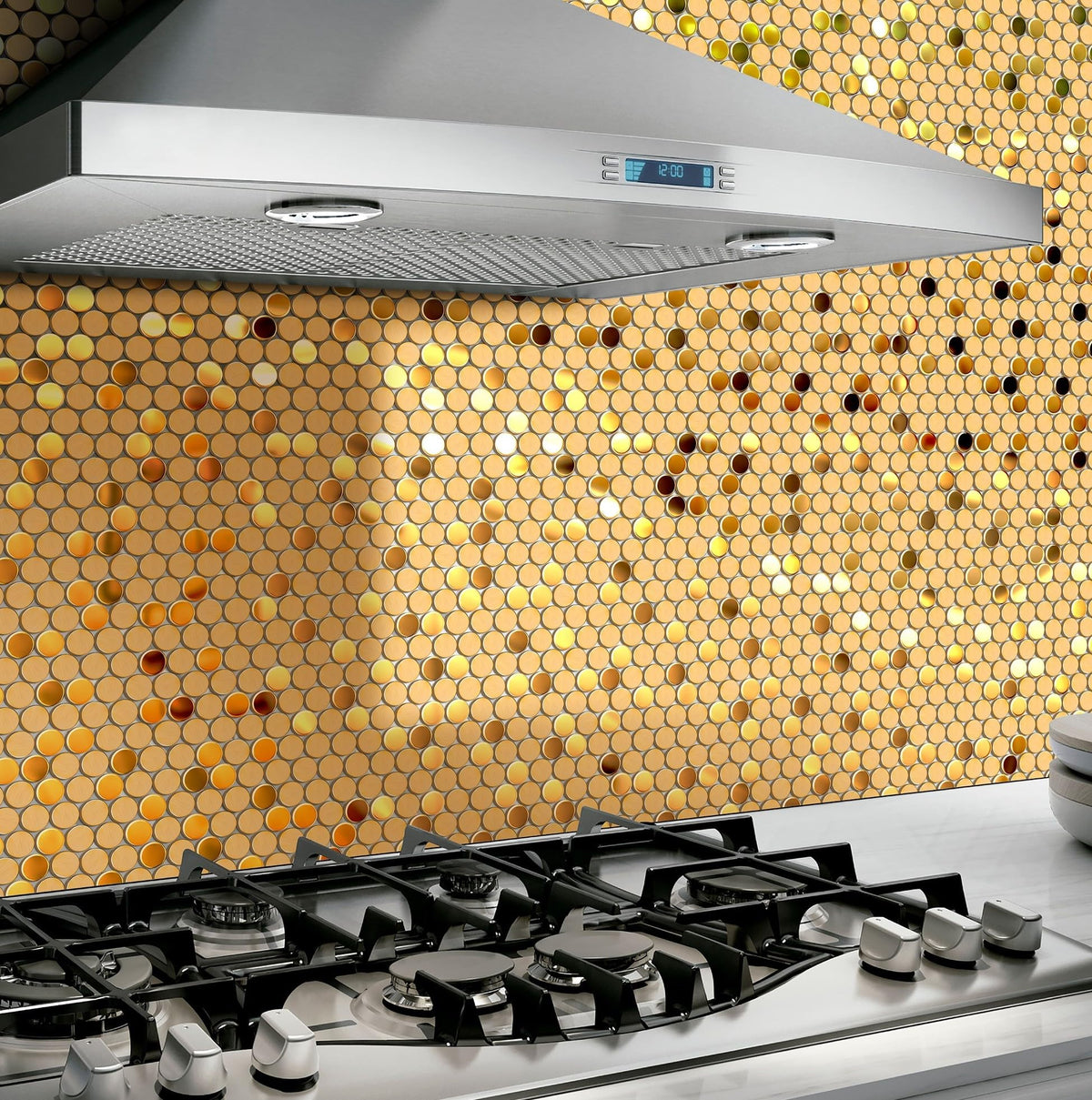 Gold Backsplash Tile Penny Round Mosaics 3/4" Golden Stainless Steel Tiles for Wall Backsplash Shower Floor (Box of 5