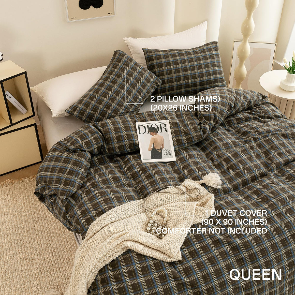 Cotton 3 Pcs Duvet Cover Set Linen Feel Brown & Blue Plaid Queen