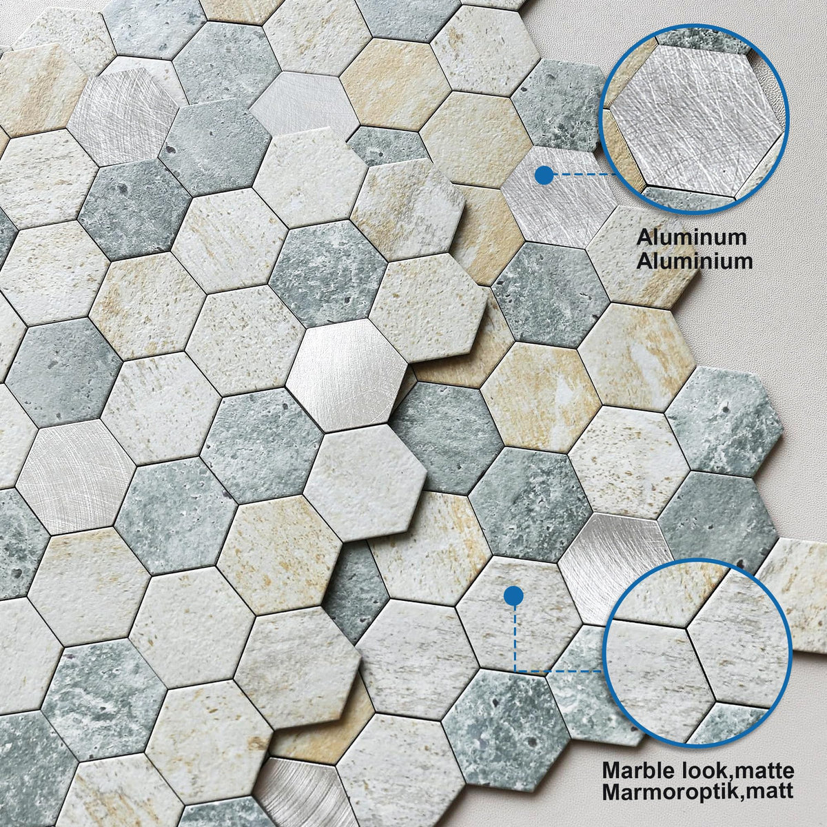 Peel and Stick Backsplash Hexagon Marble Tiles Blue Green 10pcs