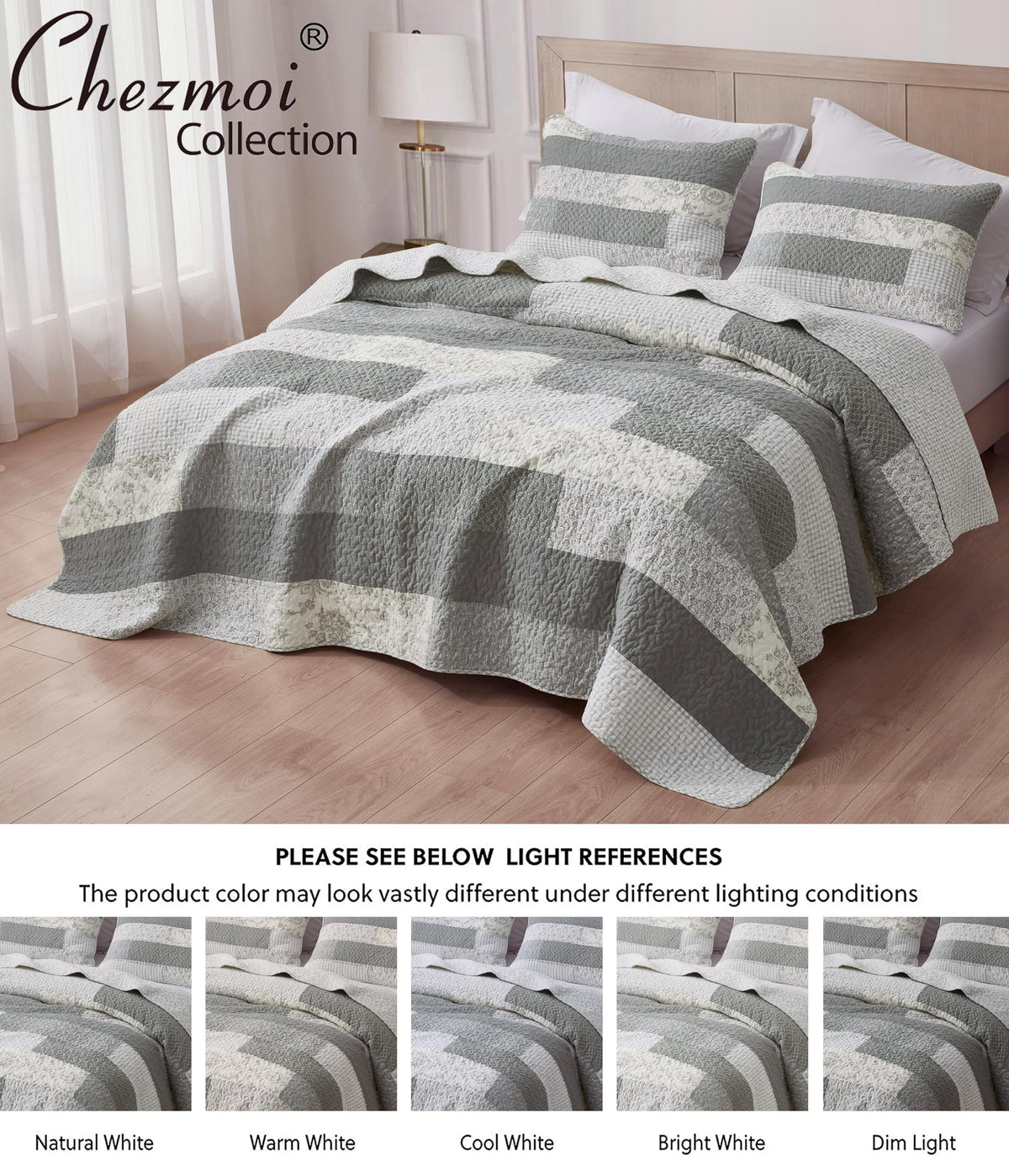 Caleb 3-Piece Muted Gray White Ivory Floral Plaid Rectangular Patchwork Quilt Set - Pre-Washed Cotton Quilted