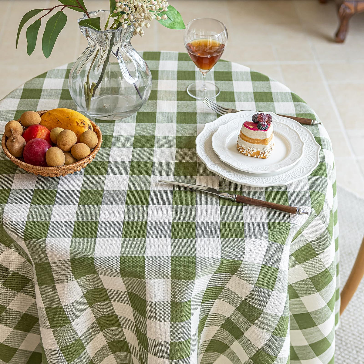Green Gingham Round Tablecloth 60 Inch, Spring Checkered Circle Table Cloth Washable Wrinkle Free, Cotton Linen