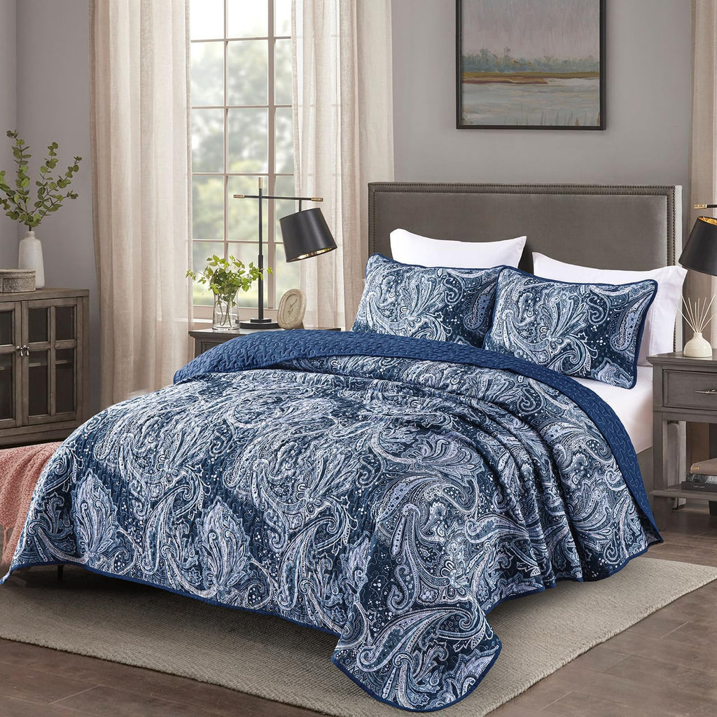 Navy Paisley Quilt Set, Boho Bedspread Coverlet