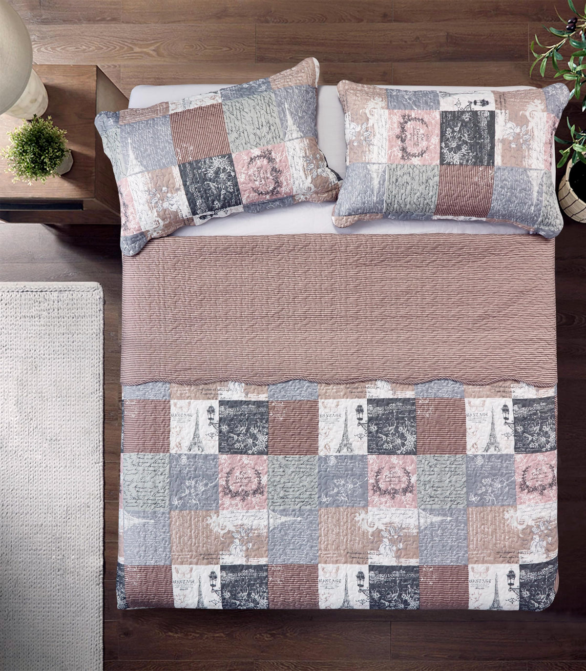 Latte Grey Paris & Toile Floral Patchwork Quilt Set