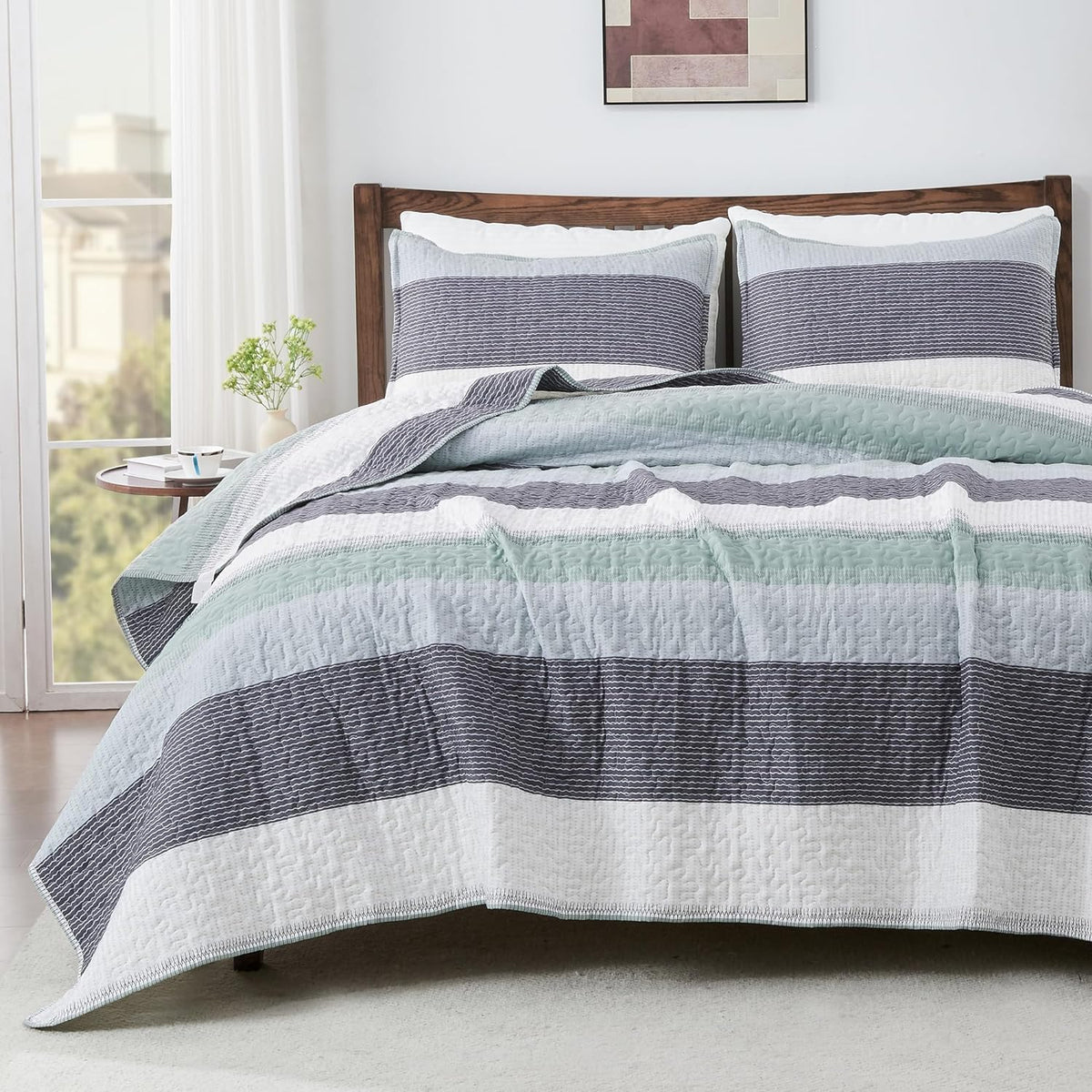 Queen Quilt Bedding Set Sage Green, 3 Pieces Striped Bedspreads - Set of 3
