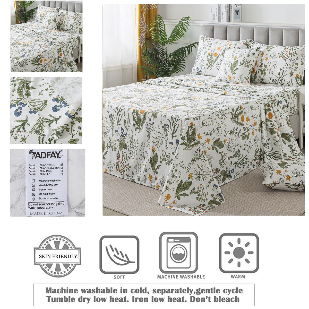 100% Percale Cotton Sheets Full Botanical Printed Floral Sheets Yellow Flowers & Leaves Pattern Farmhouse Bedding