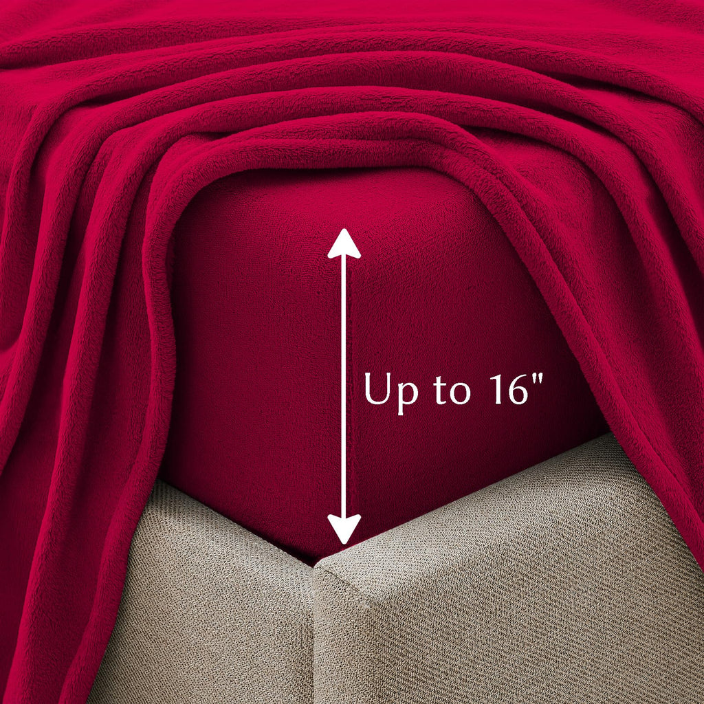 Flannel Fleece Sheet Set Red-Ultra Soft Anti-Static Plush Bedding, 4 Piece(1 Fitted Sheet80×78"×16", 1 Flat