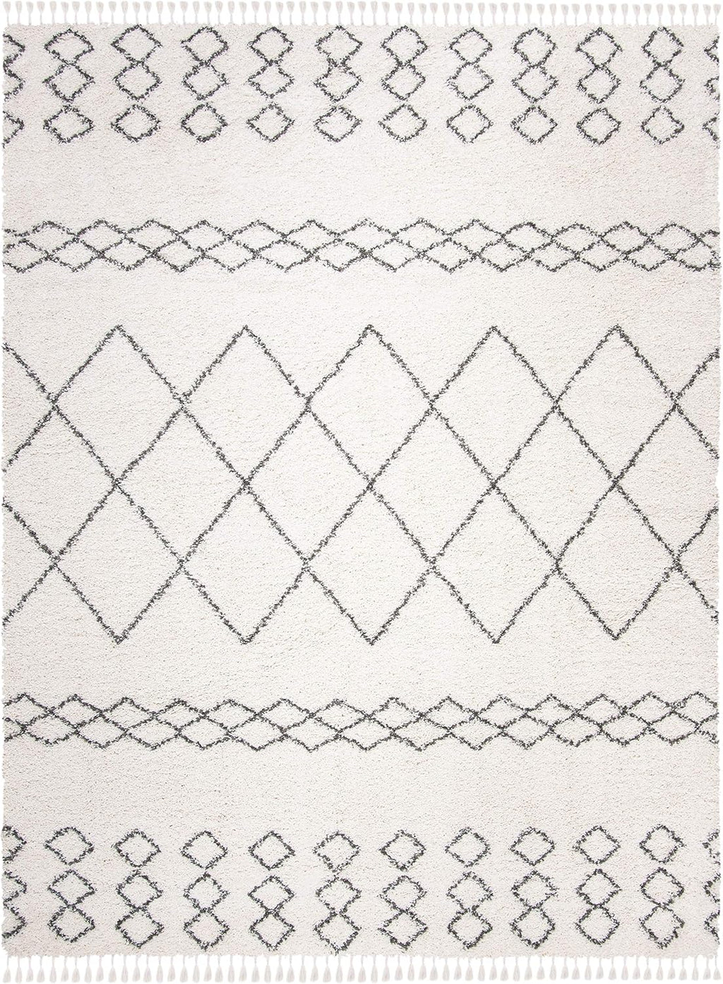 Area Rug - Moroccan Fringe Shag Collection - Large - Ivory & Grey, Boho Design, Non-Shedding & Easy Cleaning