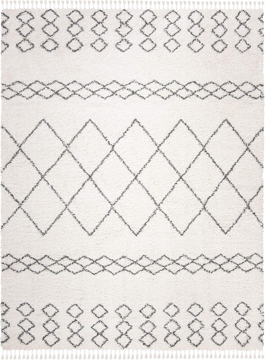 Area Rug - Moroccan Fringe Shag Collection - Large - Ivory & Grey, Boho Design, Non-Shedding & Easy Cleaning