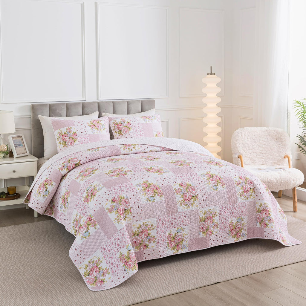 Pink Floral Patchwork Cotton Quilt Set, with 2 Shams