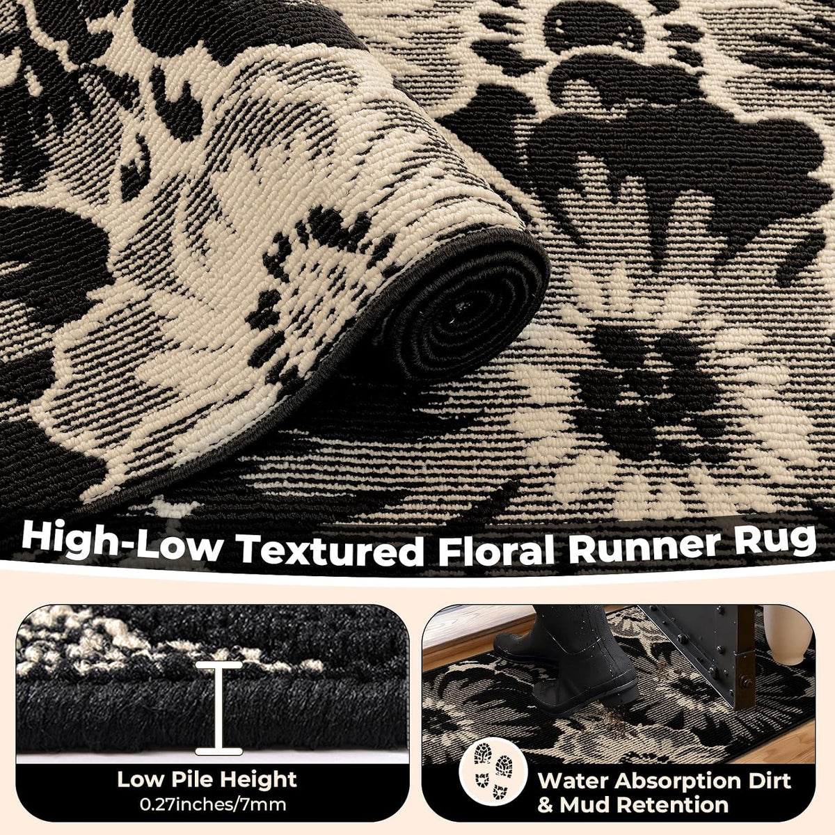 Hallway Runner Rug, Non Slip High-Low Textured Floral Washable Runner Rug with Rubber Backing, Boho Carpet