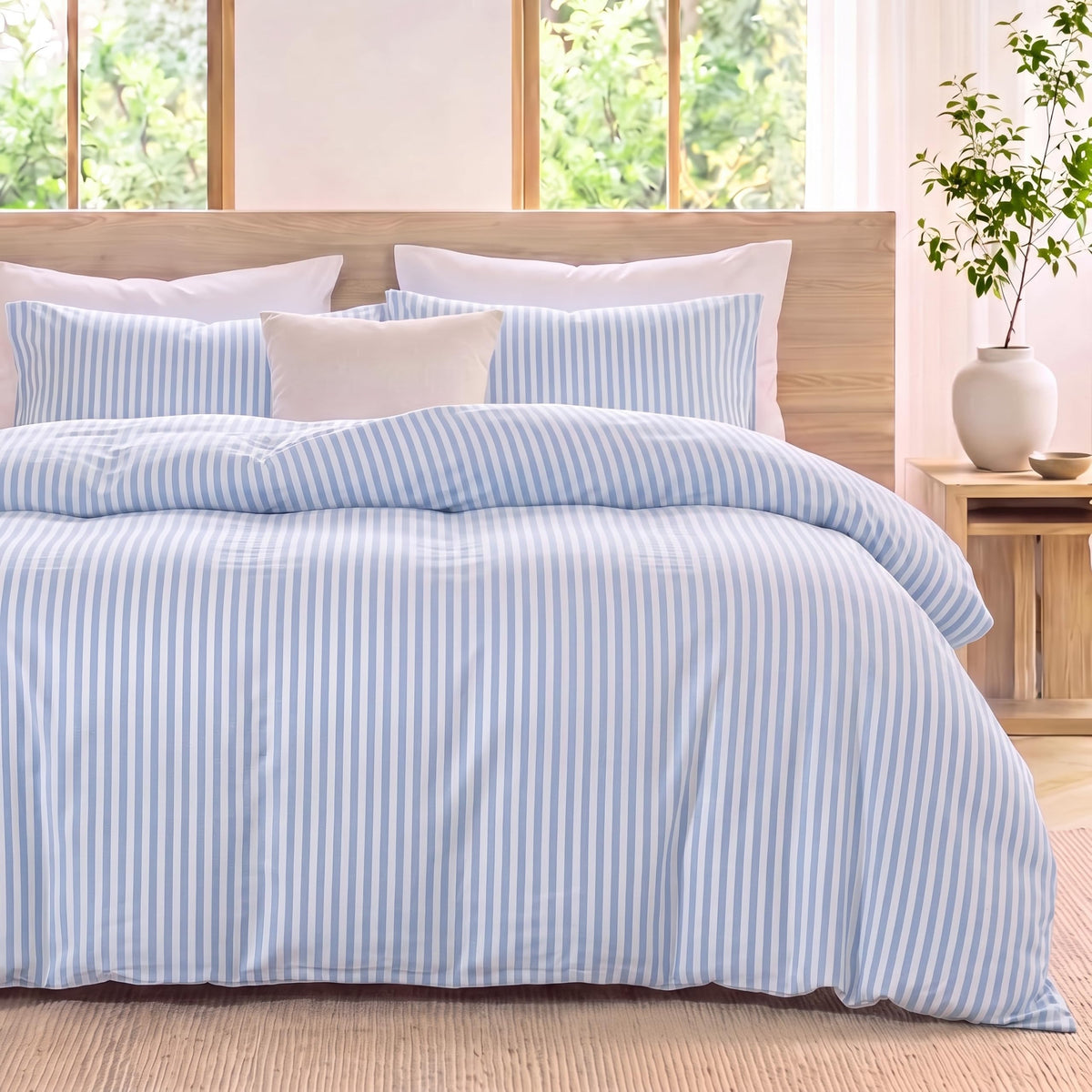 Blue Striped Comforter Set, 100% Cotton Comforter Set, 3-Piece