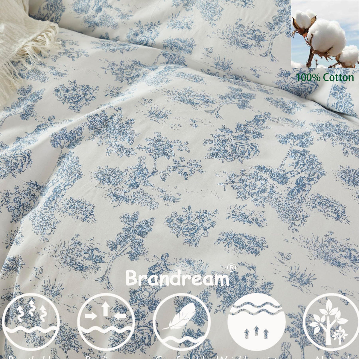 French Country Toile Queen Duvet Cover Set for Girl Women Bedroom Vintage Blue Toile Floral Print 100% Cotton Duvet