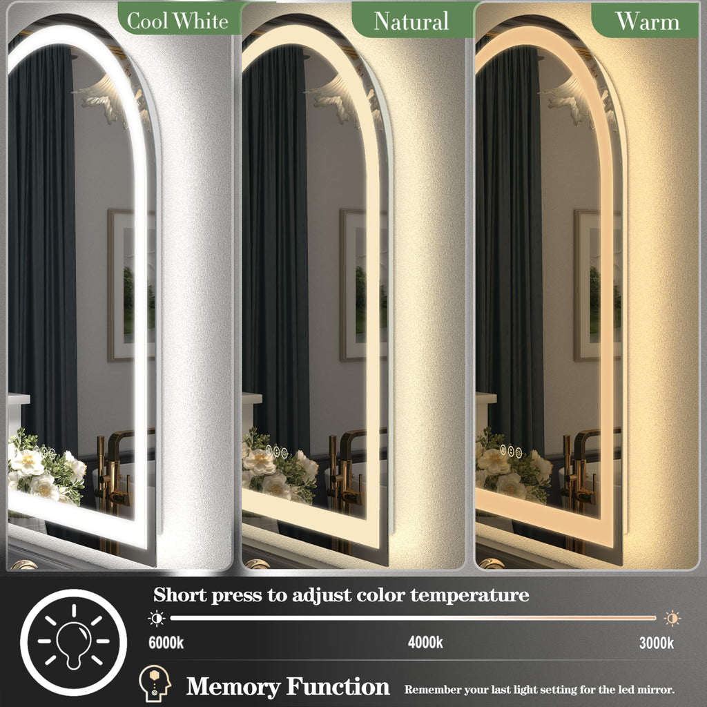 24x32 Inch Arched LED Bathroom Mirror with Lights