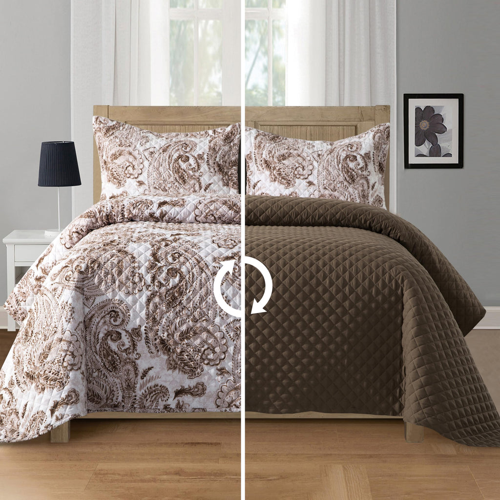 3-Piece Boho Paisley Floral Patchwork Reversible Quilt - Soft Premium Bedspread with Matching Pillow Shams, Premium
