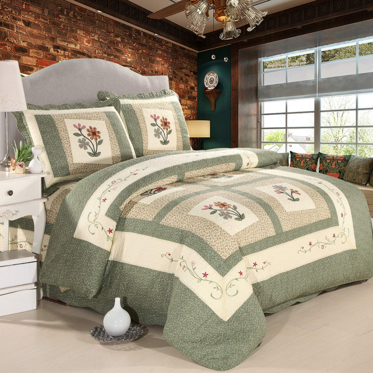 Farmhouse Green 3 Piece Embroidered Floral Quilted Bedspread Quilt Set 100% Cotton Reversible Patchwork Coverlet Set