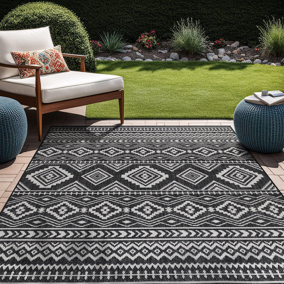 Waikiki Boho Indoor Outdoor Rug, Washable Outside Carpet, Bohemian Area Rug, Farmhouse Rugs, Aztec Tribal Rug
