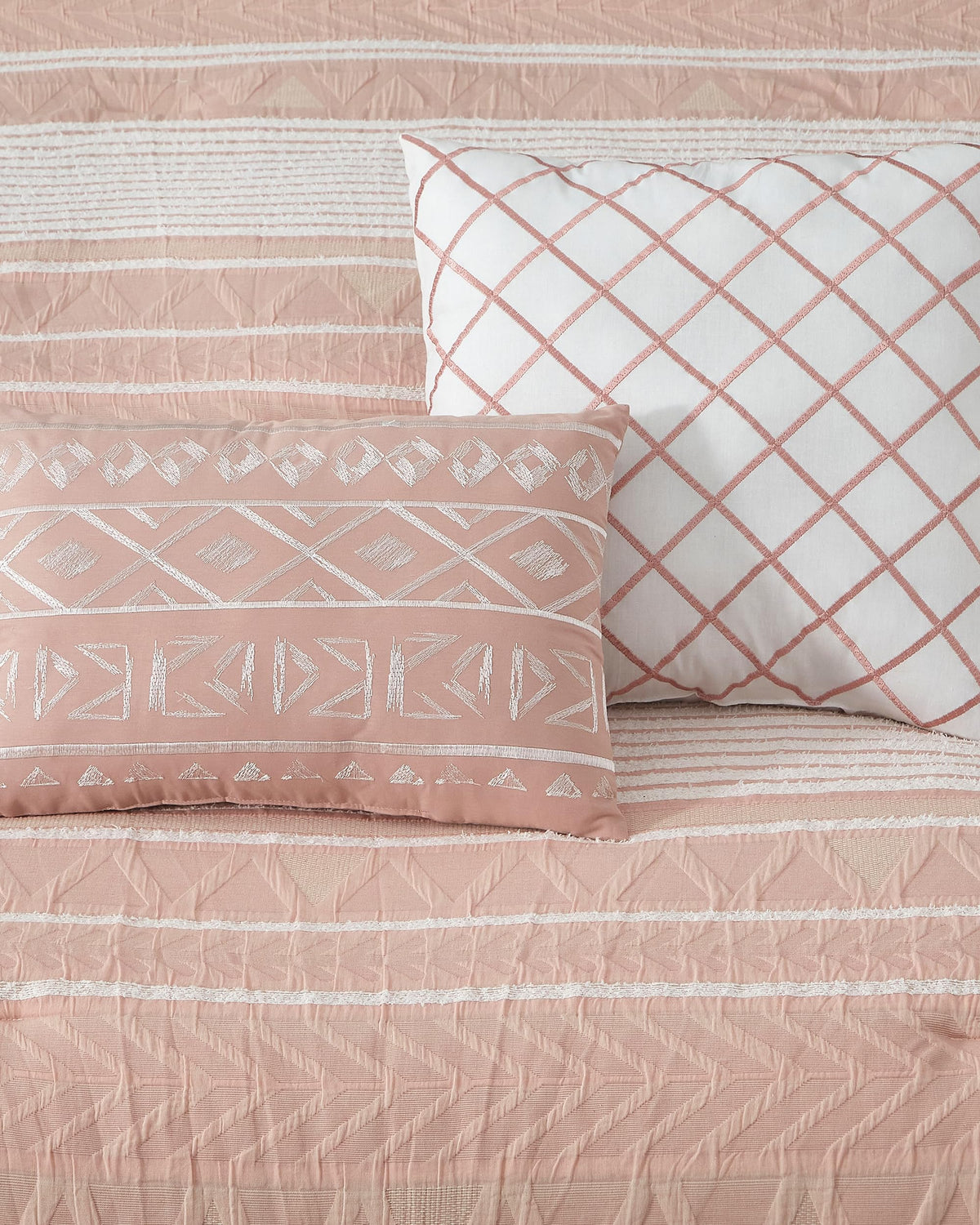 Comforter Set, Gorgeous Geometric Jacquard, Blush Soft Lightweight Bedding Set for All Seasons, Bedskirt, Pillow