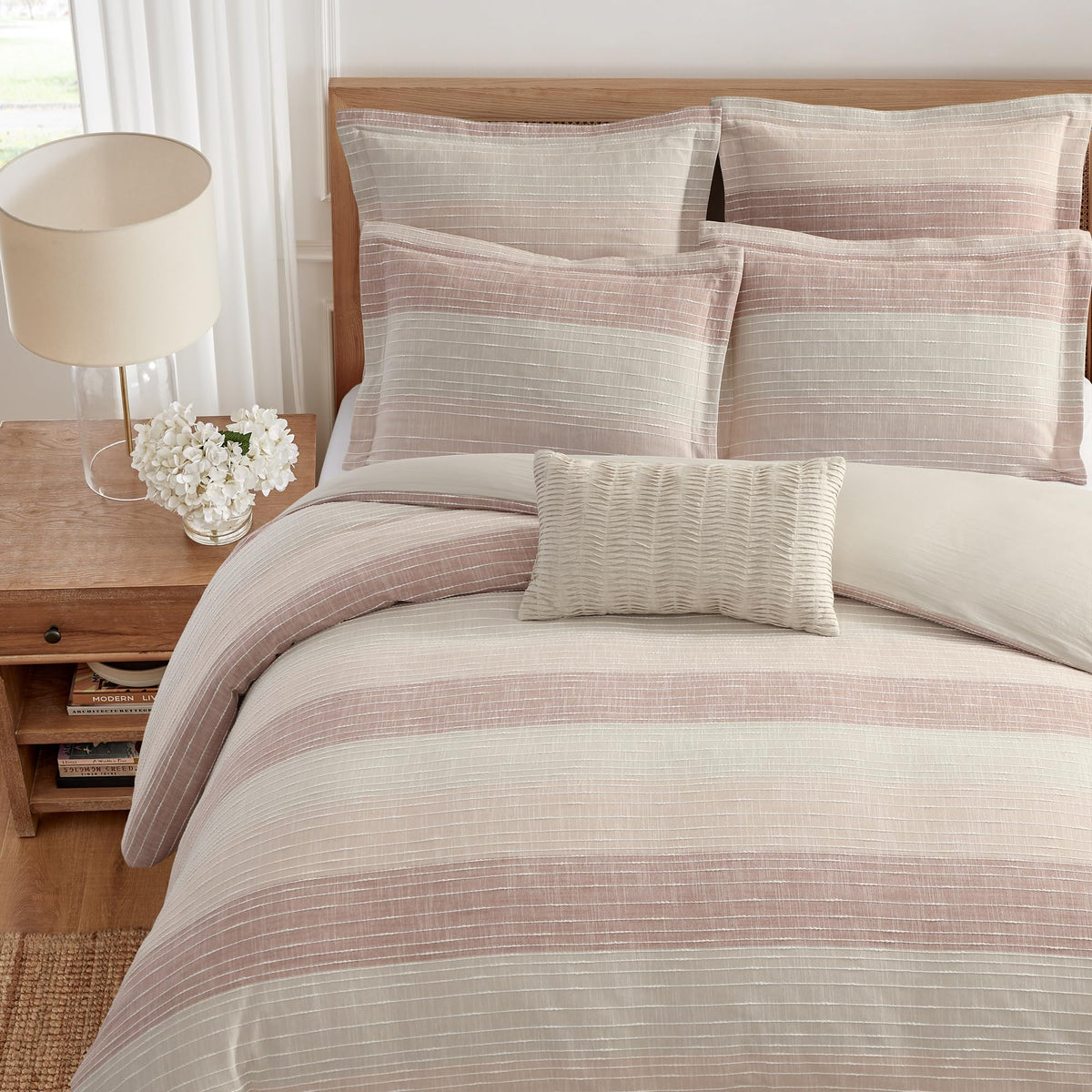 Sand Stripes Blush Comforter Set (90x94in) with 2 Pillowcases (26x20in) - Woven Jacquard Stripe - Pink