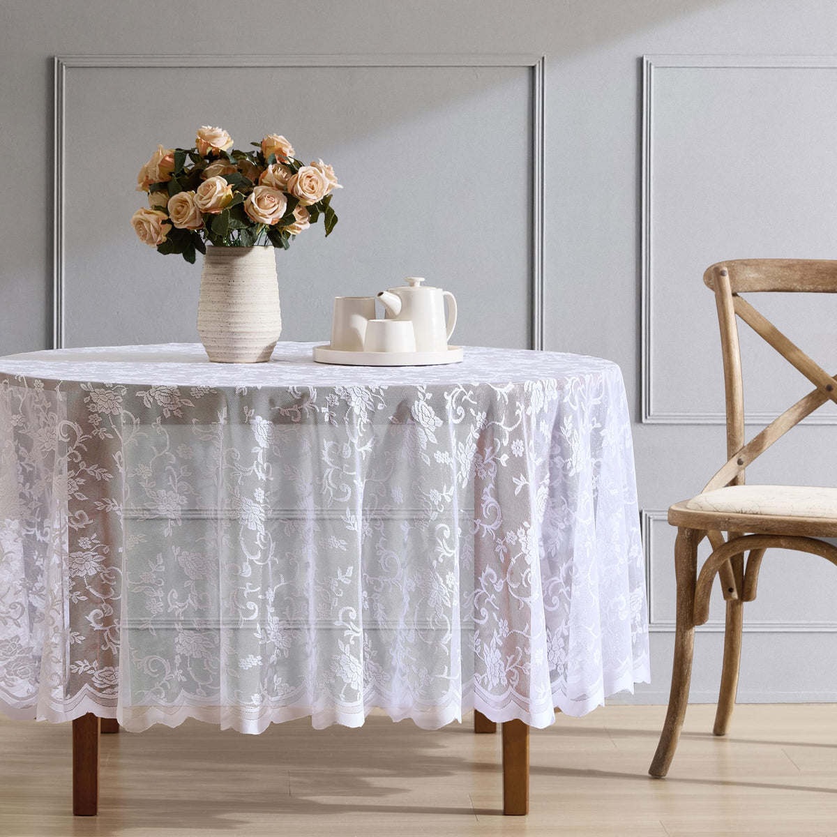 Harper Floral Lace Tablecloth, Round, 70 Inch Round, White