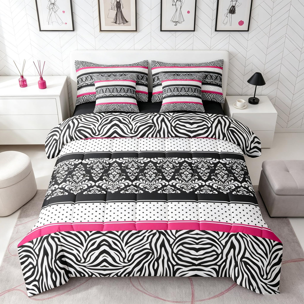 Zebra Damask Comforter Set Stripe Bedding Set Full Size 7 Pieces