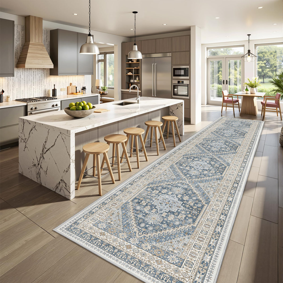 Hallway Runner Rug 2x12 Extra Long Washable Runner, Blue/Beige