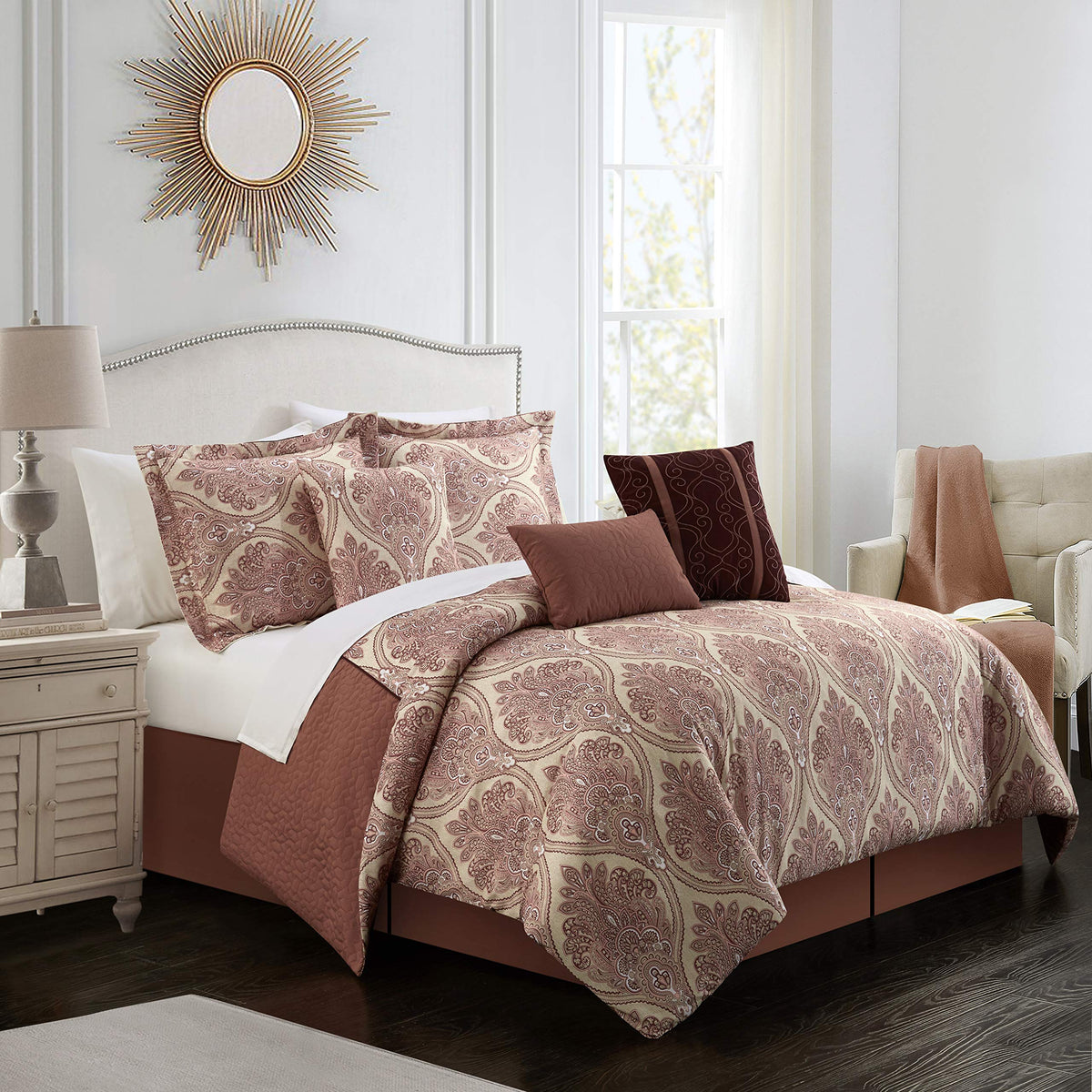 Phantogram 7 Piece Comforter Set Reversible Two-Tone Damask Pattern Geometric Quilting Bed Skirt