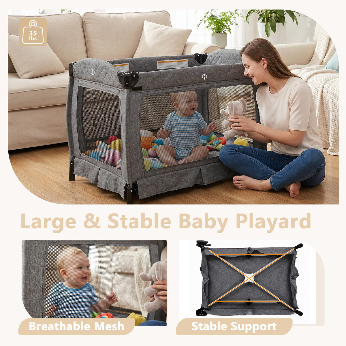 4 in 1 Play Yard w/Bassinet, Baby Playard, Light Gray